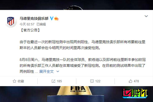 西甲豪門馬德里競技官宣，一線隊2人新冠檢測結果呈陽性-第1張圖片-世俱杯