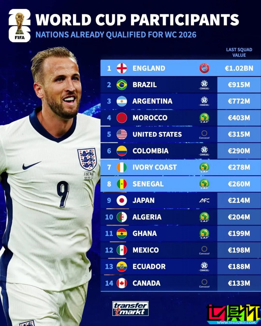 已晉級 世界杯 球隊身價榜：英格蘭 10.2億領銜，南美雙雄緊隨-第1張圖片-世俱杯